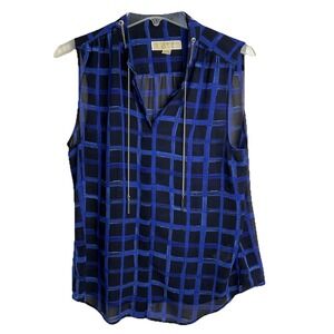 Michael Kors Blue Black Size 10 Sleeveless Chain Neck Tie Blouse Top Sheer Lined